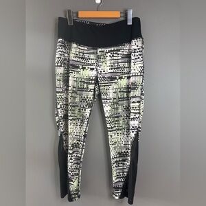 RBX, Size Large, Capri style leggings, Lime green and black splatter pattern